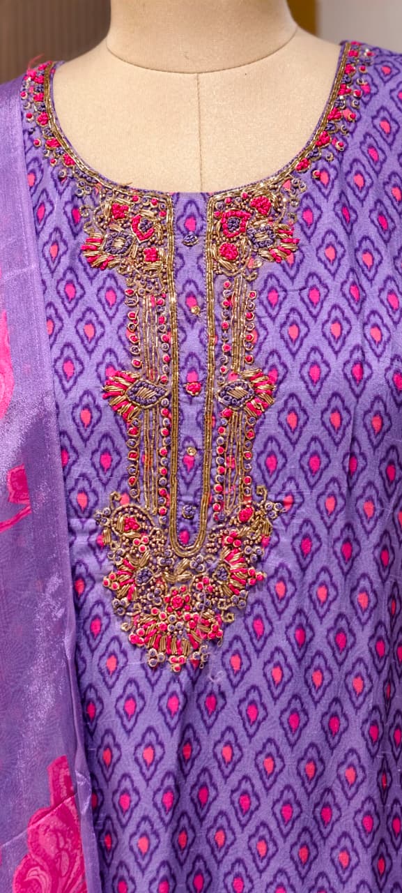 Detailed Floral Yoke Embroidery Lavender Purple Geometric Print Russian Silk Full Suit Set SLIGHTLY LEAN FIT