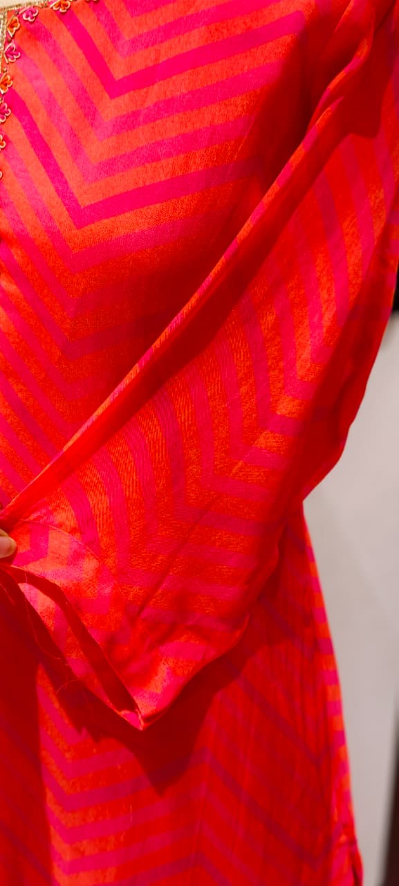 Sunset Crimson Festive Leheriya Full Suit Set with Premium Hand-Crafted Neckline