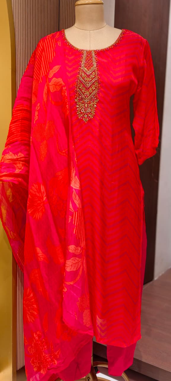 Sunset Crimson Festive Leheriya Full Suit Set with Premium Hand-Crafted Neckline