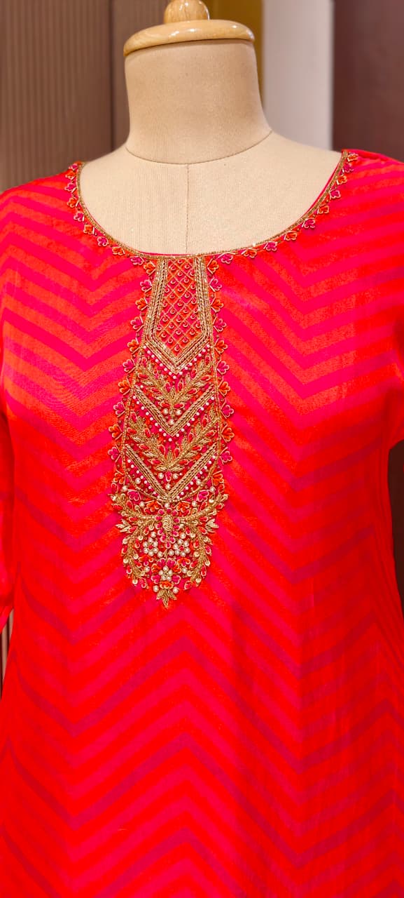 Sunset Crimson Festive Leheriya Full Suit Set with Premium Hand-Crafted Neckline