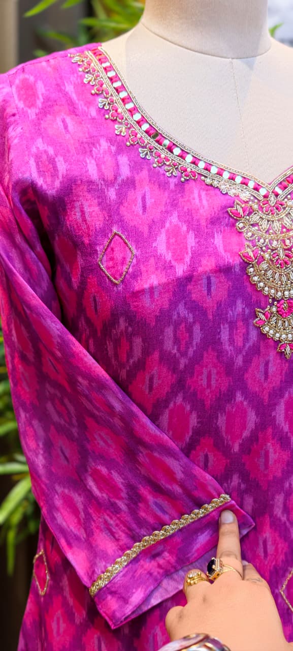 Organza Hand Embellished Neckline Royal Magenta Ikat Print Full Suit Set with Dupatta-LEAN FIT(ADVISIBLE NEXT SIZE)