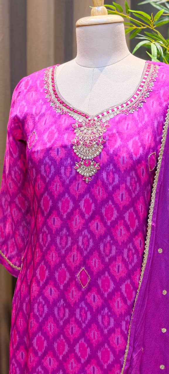 Organza Hand Embellished Neckline Royal Magenta Ikat Print Full Suit Set with Dupatta-LEAN FIT(ADVISIBLE NEXT SIZE)