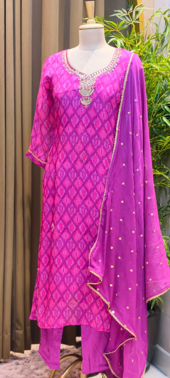 Organza Hand Embellished Neckline Royal Magenta Ikat Print Full Suit Set with Dupatta-LEAN FIT(ADVISIBLE NEXT SIZE)