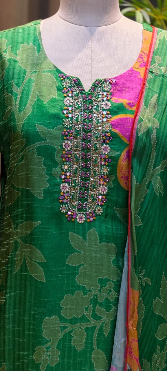 Ivory Zardosi Neckline Floral Elegance Russian Silk Full Suit Set With Dupatta-LEAN FIT(ADVISIBLE NEXT SIZE)