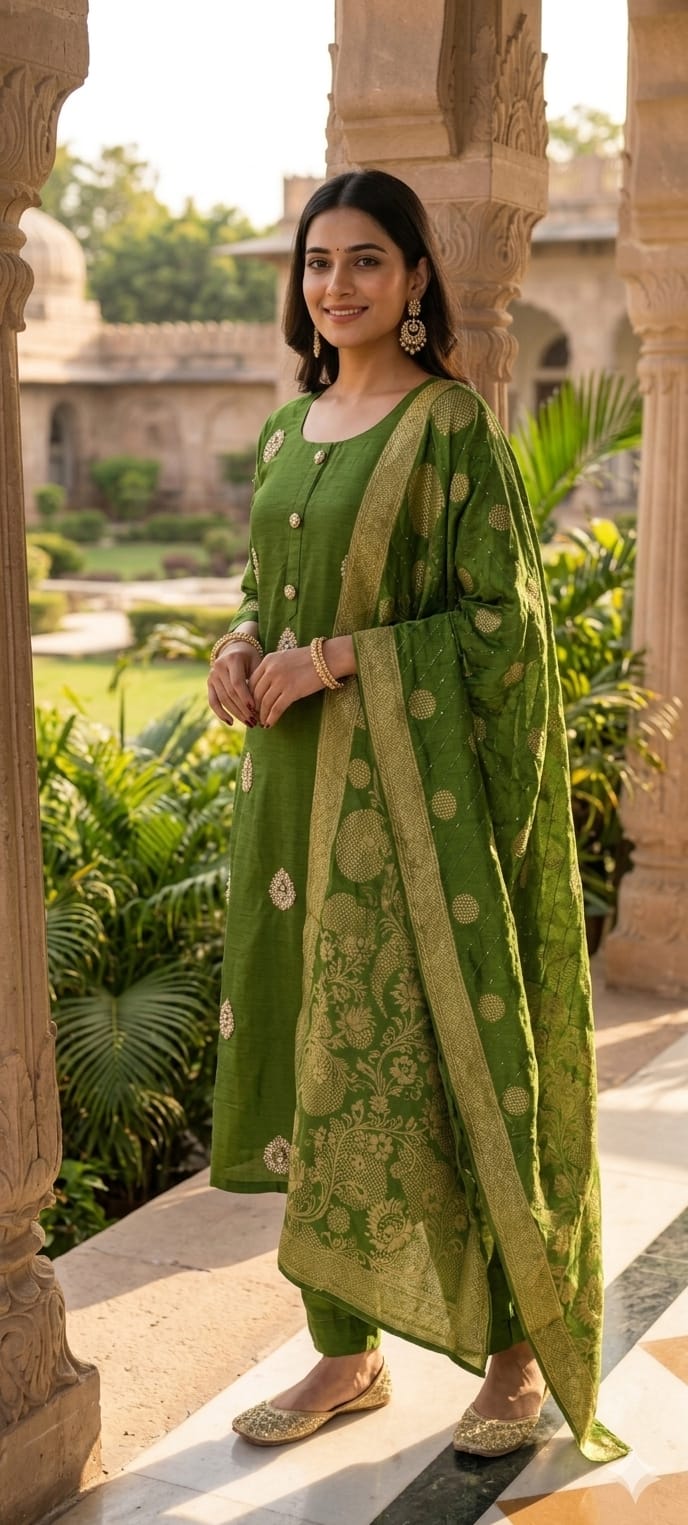 Woven Banarasi Classic Charm Bootis Russian Silk Full Suit Set With Dupatta-LEAN FIT(ADVISIBLE NEXT SIZE)