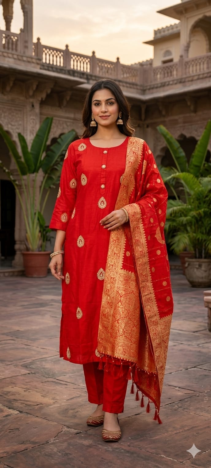 Woven Banarasi Classic Charm Bootis Russian Silk Full Suit Set With Dupatta-LEAN FIT(ADVISIBLE NEXT SIZE)