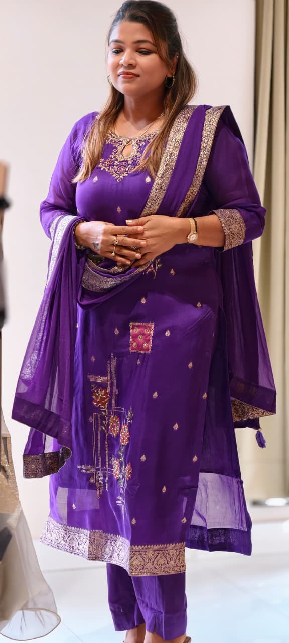 Detailed Floral Yoke Embroidery Lavender Purple Geometric Print Russian Silk Full Suit Set