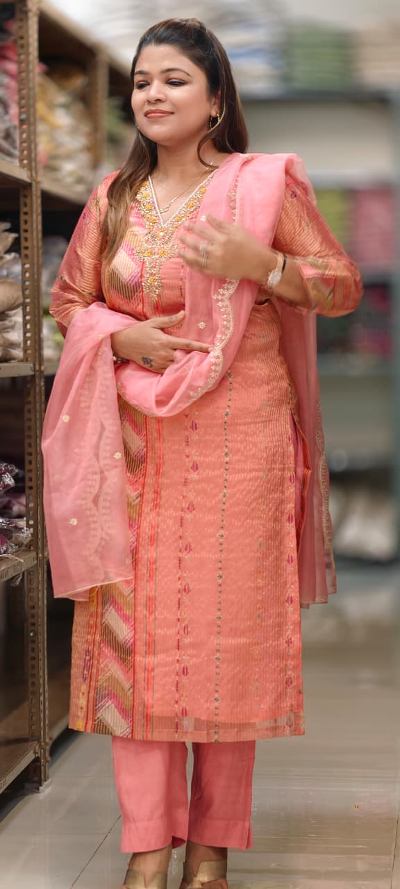 Tissue Elegance Golden Classic Striped Full Suit Set With Dupatta & Embellished Neckline