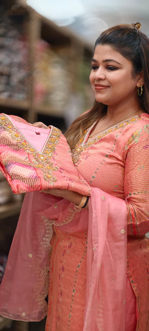 Tissue Elegance Golden Classic Striped Full Suit Set With Dupatta & Embellished Neckline