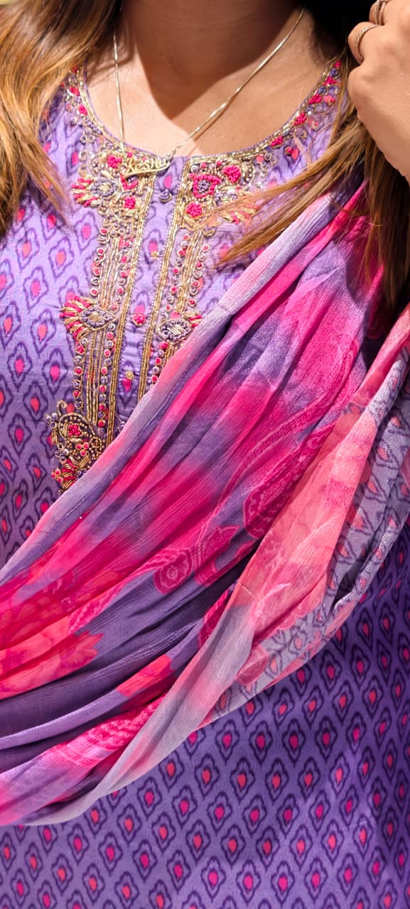 Detailed Floral Yoke Embroidery Lavender Purple Geometric Print Russian Silk Full Suit Set SLIGHTLY LEAN FIT