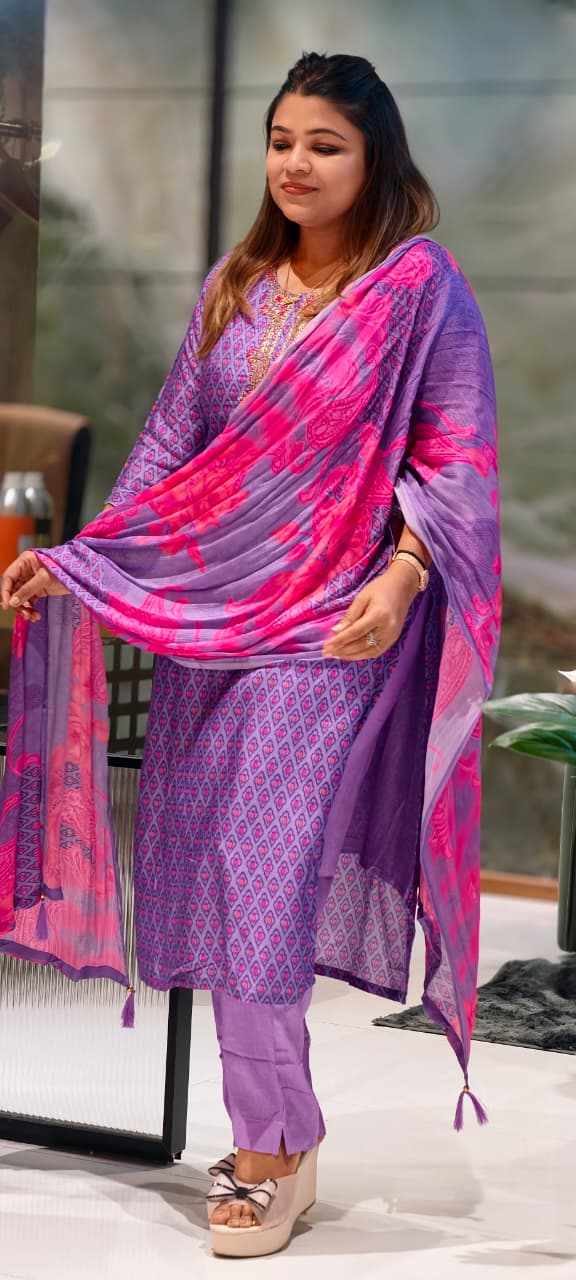 Detailed Floral Yoke Embroidery Lavender Purple Geometric Print Russian Silk Full Suit Set SLIGHTLY LEAN FIT