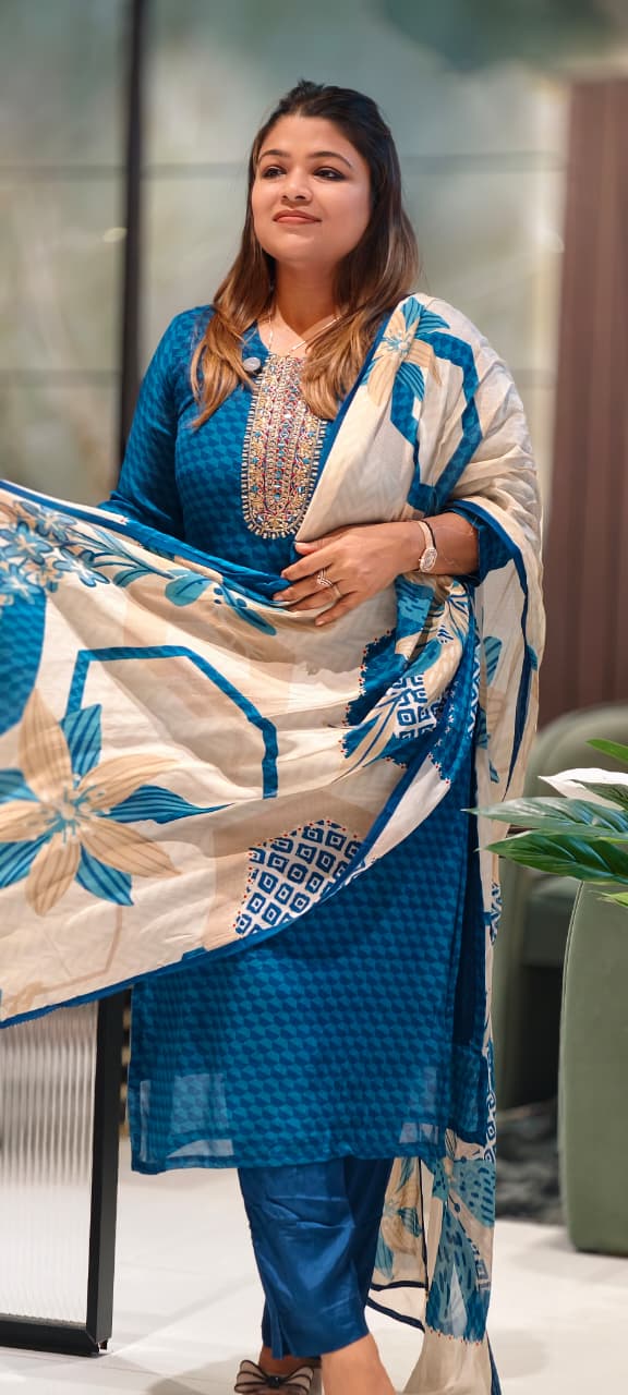 Traditional Embroidered Yoke Royal Blue Micro-Geometric Print Full Suit Set with Dupatta