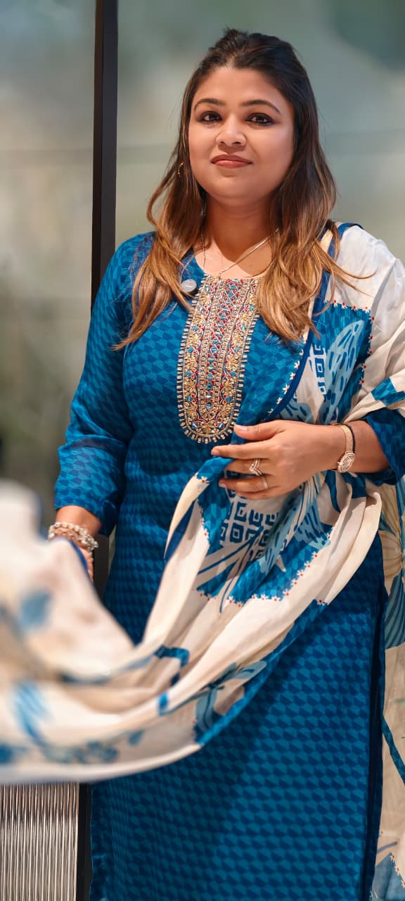 Traditional Embroidered Yoke Royal Blue Micro-Geometric Print Full Suit Set with Dupatta