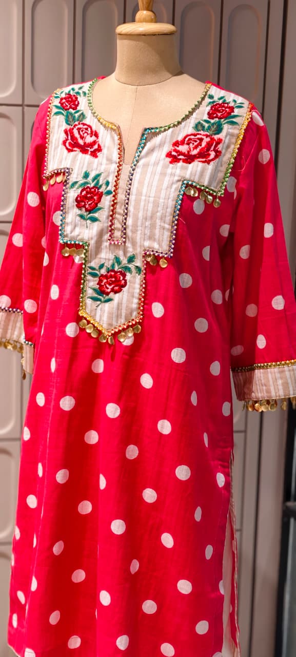 Boho Chic Vibrant Polka Dot Cotton Kurta Pant Set with Floral Patchwork- 14878