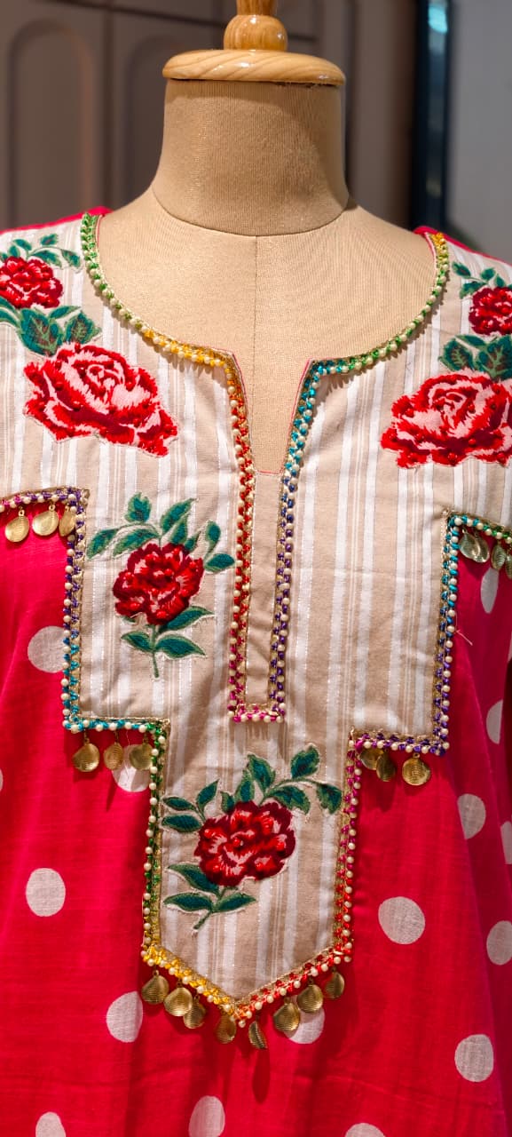 Boho Chic Vibrant Polka Dot Cotton Kurta Pant Set with Floral Patchwork- 14878