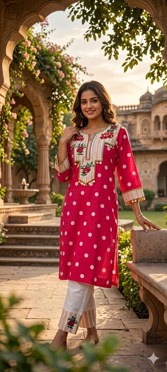 Boho Chic Vibrant Polka Dot Cotton Kurta Pant Set with Floral Patchwork- 14878