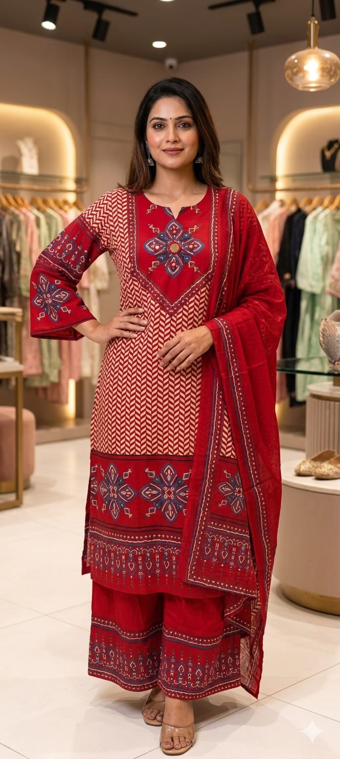 Geometric Chevron Print 3-Piece Cotton Full Suit Set with Mirror-Work Yoke- 14920