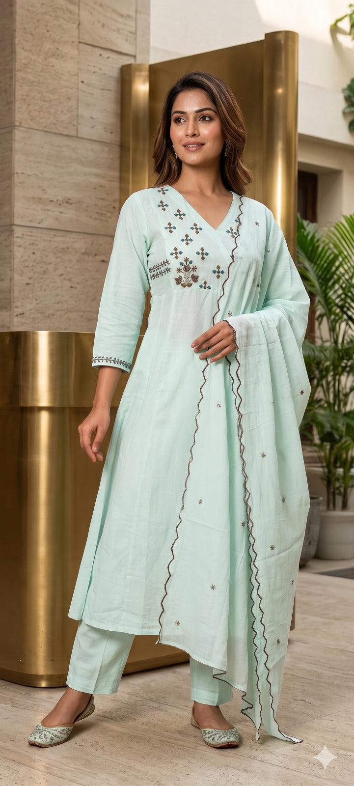 Premium Mul Cotton Delicate Embroidered A-Line Full Suit Set with Dupatta- 14893