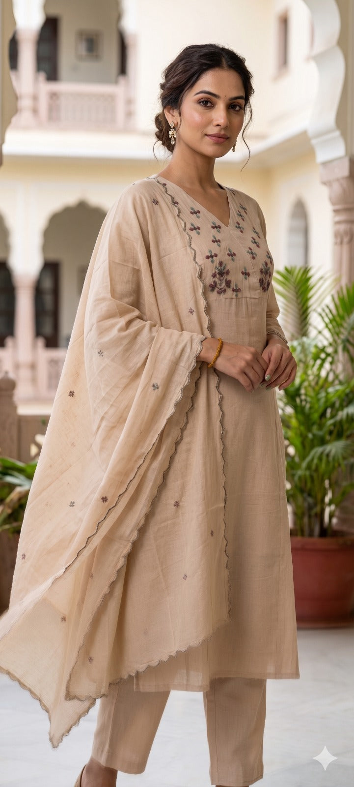 Premium Mul Cotton Delicate Embroidered A-Line Full Suit Set with Dupatta- 14893