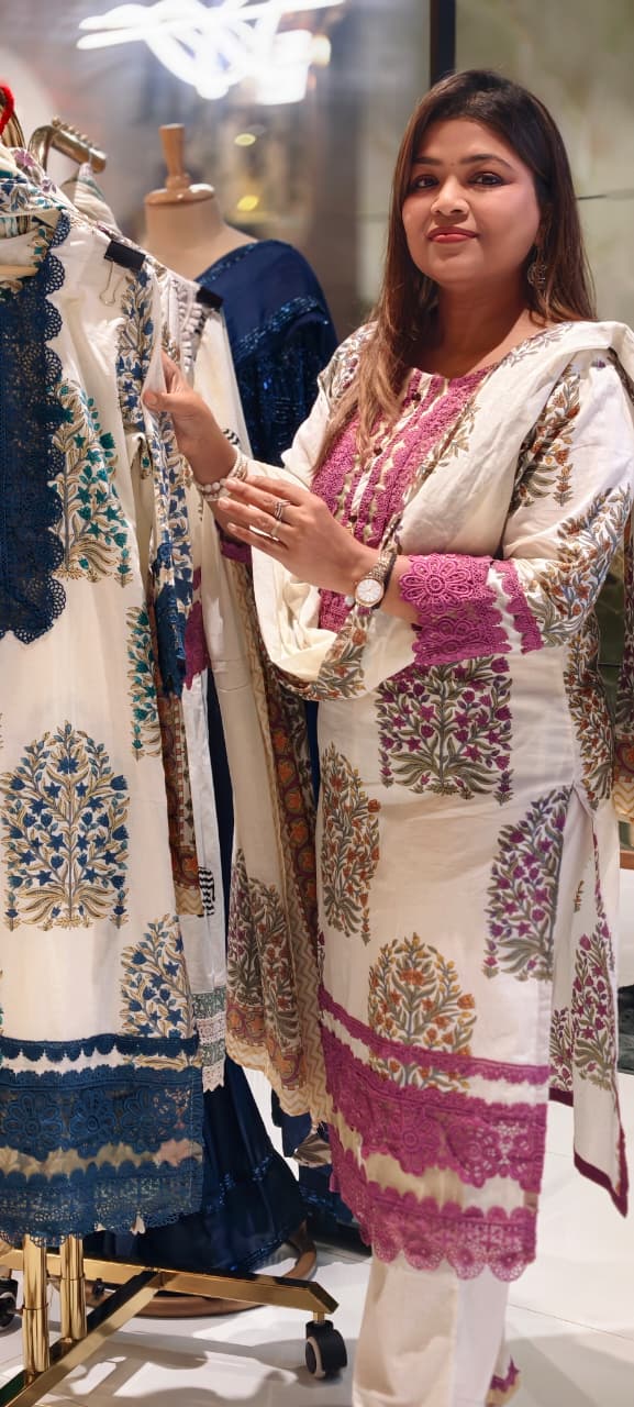Floral Block Print Straight Cotton Full Suit Set With Dupatta With Crochet Lace Detailing- 14904