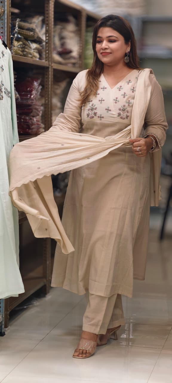 Premium Mul Cotton Delicate Embroidered A-Line Full Suit Set with Dupatta- 14893