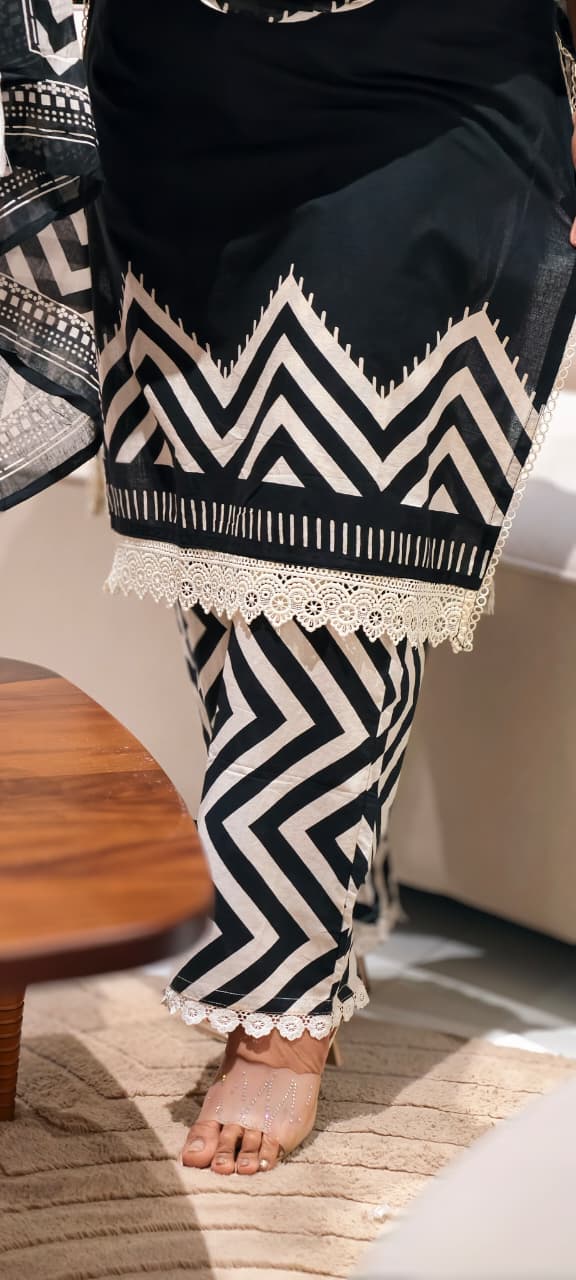 Fine Floral Embroidery Yoke With Striped Accent Cotton Full Suit Set With Dupatta- 14598