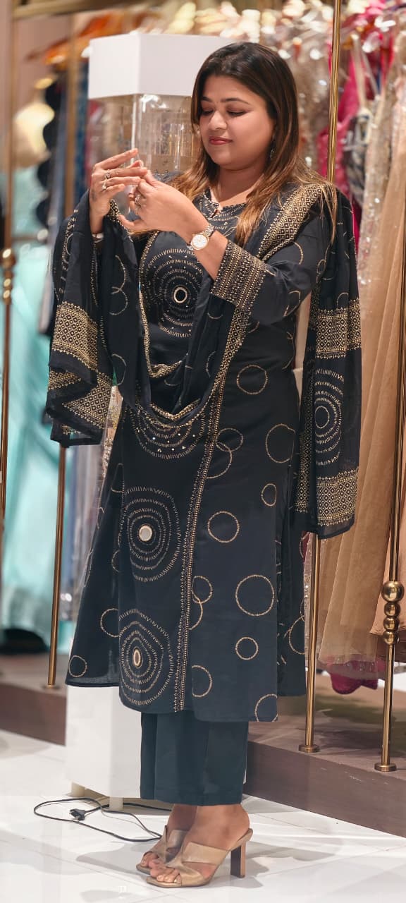 Rounded Print With Real Mirror Touch A-Line Cotton Full Suit Set With Dupatta- 14919