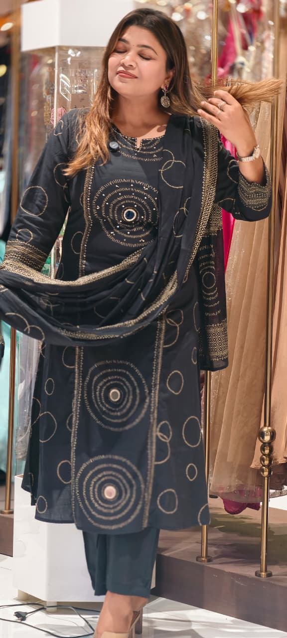 Rounded Print With Real Mirror Touch A-Line Cotton Full Suit Set With Dupatta- 14919