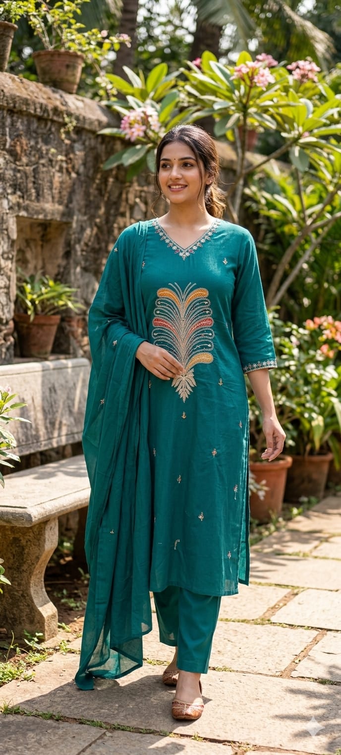 Premium Cotton Straight Full Suit Set with Statement Tree-of-Life Embroidery & Tassel Dupatta- 14895 (Dispatching From Monday)