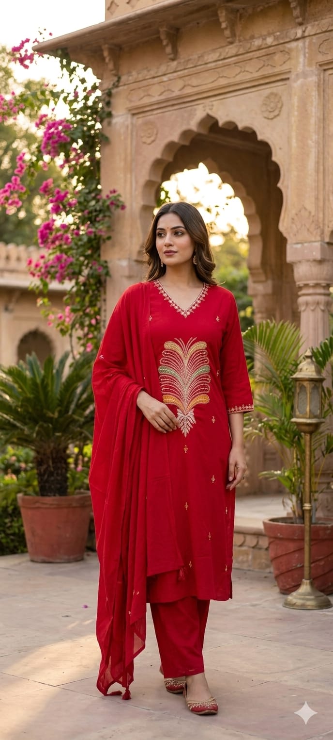 Premium Cotton Straight Full Suit Set with Statement Tree-of-Life Embroidery & Tassel Dupatta- 14895 (Dispatching From Monday)