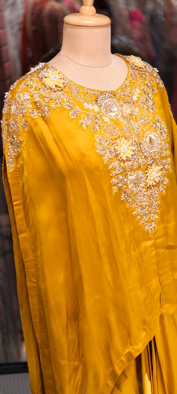 Luxury Chinon Kaftan Top with Draped Dhoti Skirt Set – Festive Indo-Western Fusion Wear- 14239