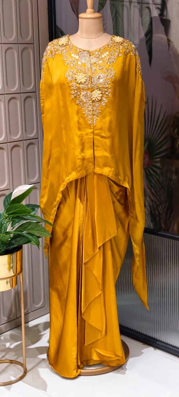 Luxury Chinon Kaftan Top with Draped Dhoti Skirt Set – Festive Indo-Western Fusion Wear- 14239