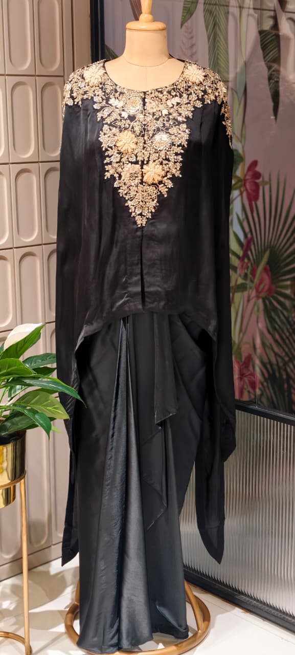 Luxury Chinon Kaftan Top with Draped Dhoti Skirt Set – Festive Indo-Western Fusion Wear- 14239