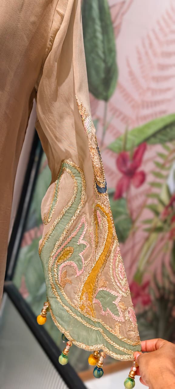 Emerald-Accented Pastel Patchwork Medallion Ivory Silk Farsi Salawr Suit Set With Hanging Beads- 14840