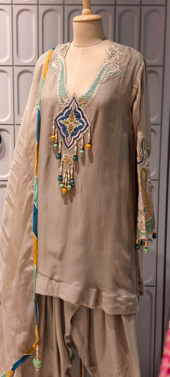 Emerald-Accented Pastel Patchwork Medallion Ivory Silk Farsi Salawr Suit Set With Hanging Beads- 14840