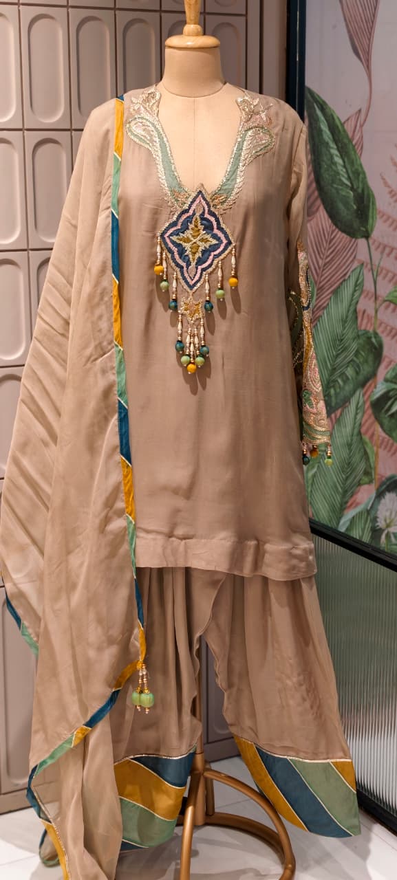 Emerald-Accented Pastel Patchwork Medallion Ivory Silk Farsi Salawr Suit Set With Hanging Beads- 14840