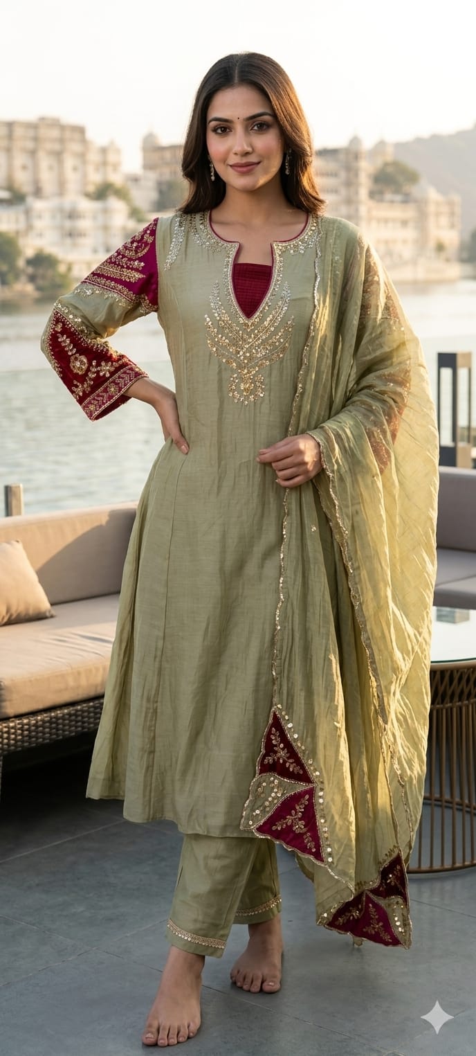 Elegant Mul-Chanderi Panel Anarkali Full Suit Set with Intricate Zardozi Neckline & Contrast Embroidered Sleeves- 14927