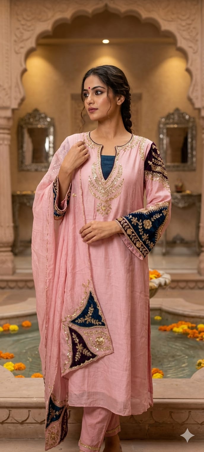 Elegant Mul-Chanderi Panel Anarkali Full Suit Set with Intricate Zardozi Neckline & Contrast Embroidered Sleeves- 14927
