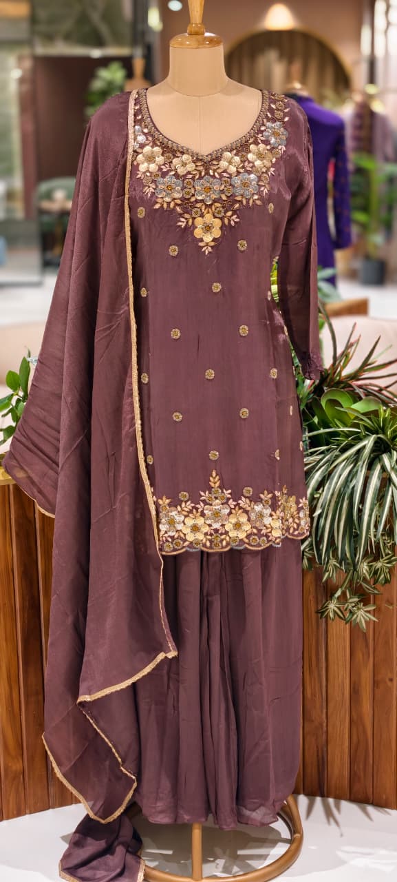 Premium Chinon Intricate Floral Embroidered Full Suit Set with Dupatta & Palazzo Bottom- 14012