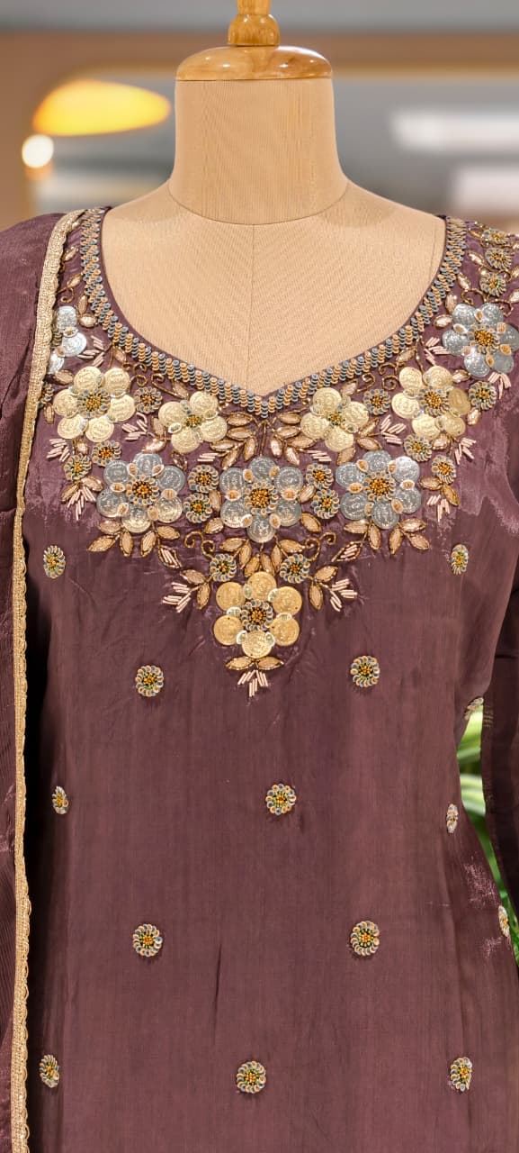 Premium Chinon Intricate Floral Embroidered Full Suit Set with Dupatta & Palazzo Bottom- 14012