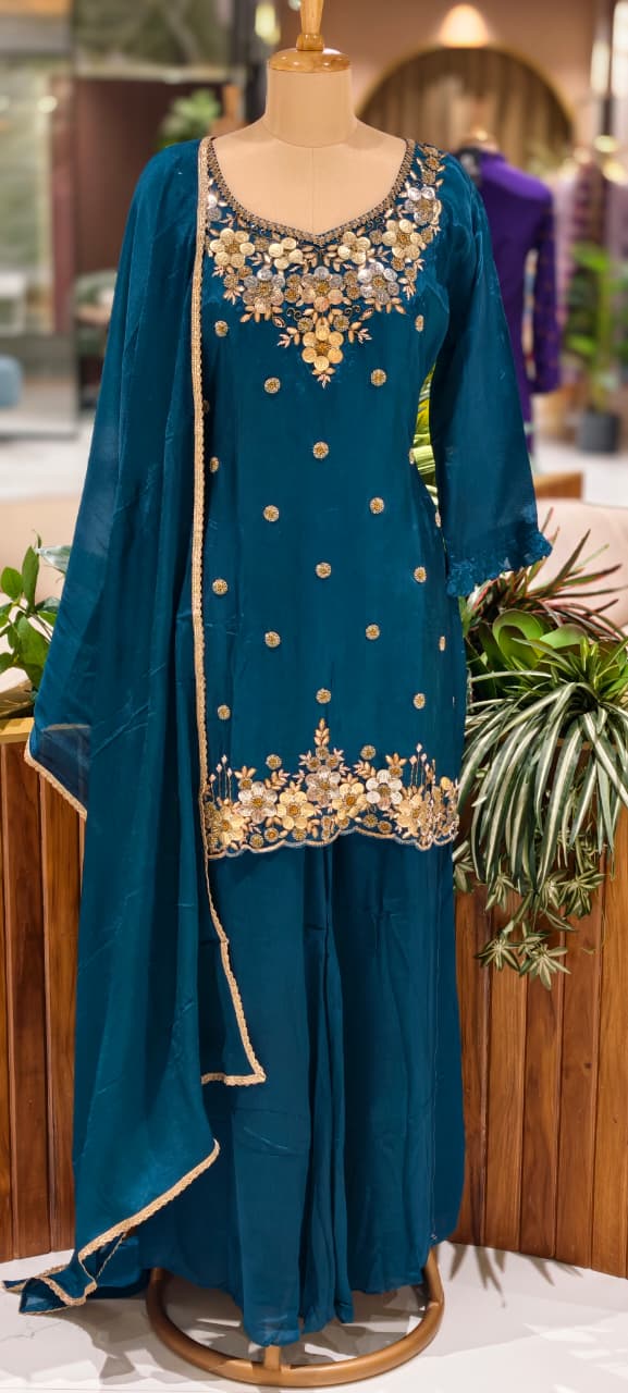 Premium Chinon Intricate Floral Embroidered Full Suit Set with Dupatta & Palazzo Bottom- 14012