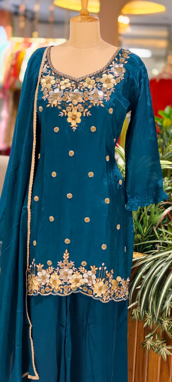Premium Chinon Intricate Floral Embroidered Full Suit Set with Dupatta & Palazzo Bottom- 14012