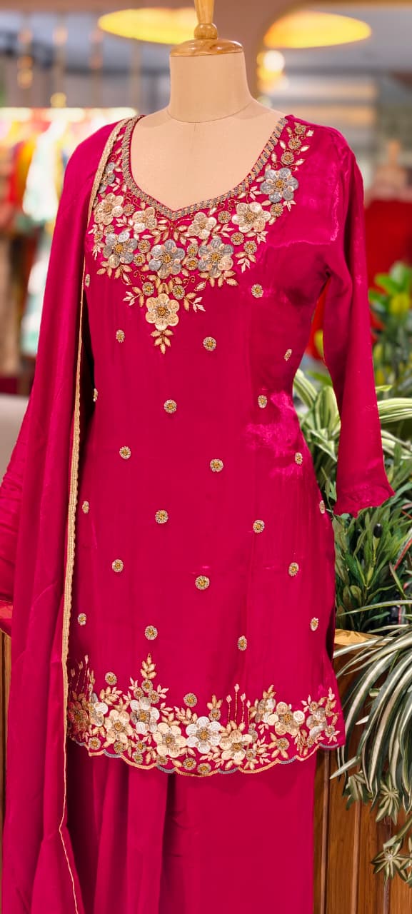 Premium Chinon Intricate Floral Embroidered Full Suit Set with Dupatta & Palazzo Bottom- 14012