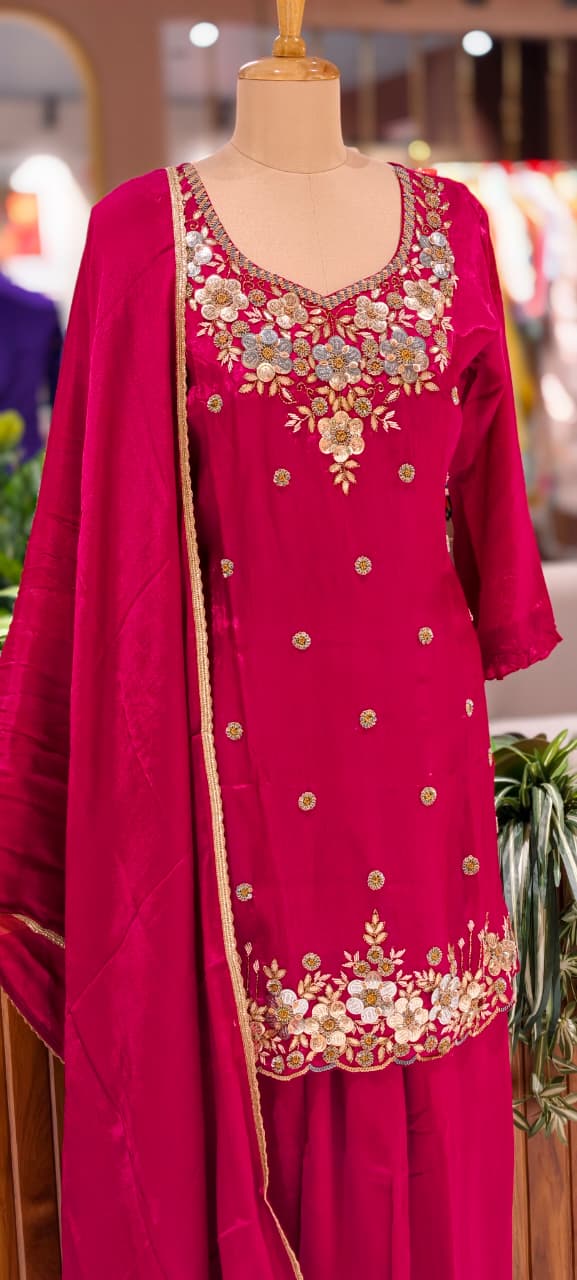 Premium Chinon Intricate Floral Embroidered Full Suit Set with Dupatta & Palazzo Bottom- 14012