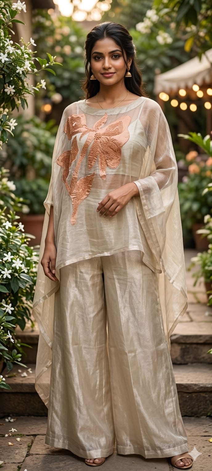 Elegant Metallic Pure Tissue Kaftan Coord Set with Oversized Floral Patchwork- 13836