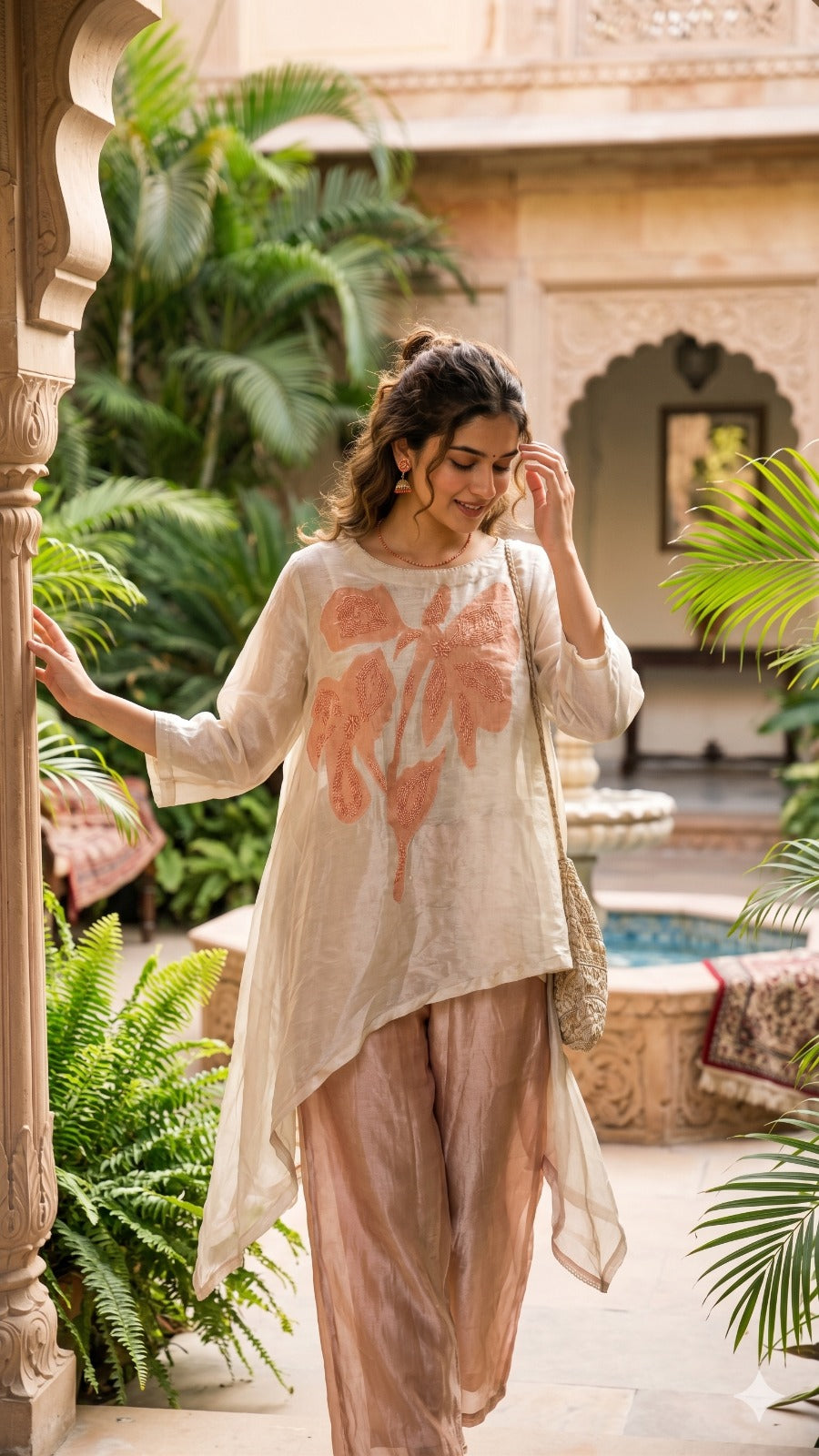Elegant Metallic Pure Tissue Kaftan Coord Set with Oversized Floral Patchwork- 13836