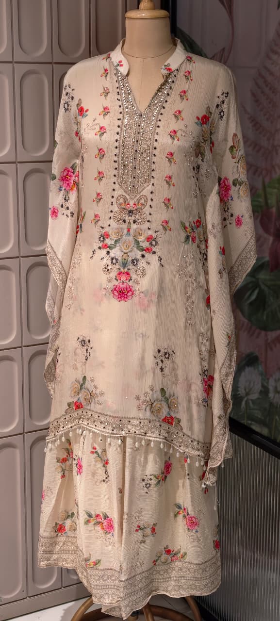 Ethereal Light Ivory Delicate Floral Prints & Neck Detailing Kaftan Sharara Set- 14933
