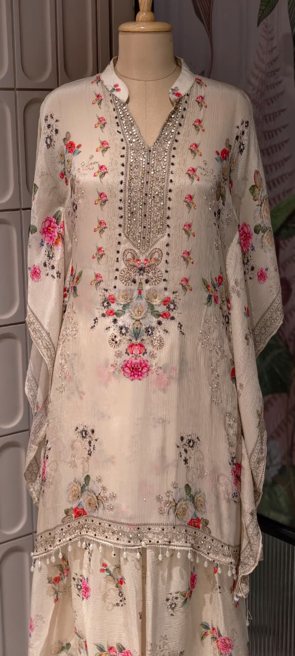 Ethereal Light Ivory Delicate Floral Prints & Neck Detailing Kaftan Sharara Set- 14933