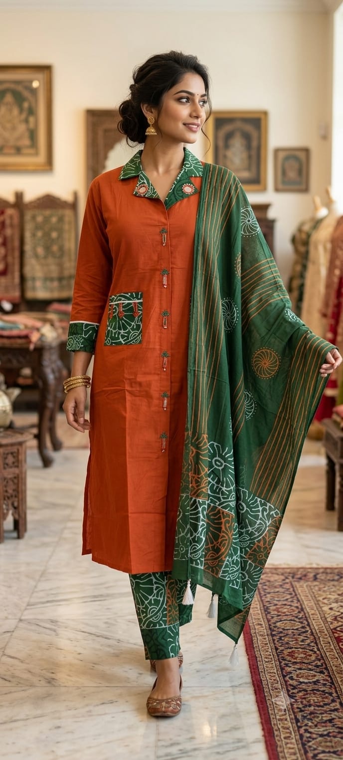 Vibrant Orange With Green Highlights Real Mirror Elegance Cotton Full Suit Set With Dupatta