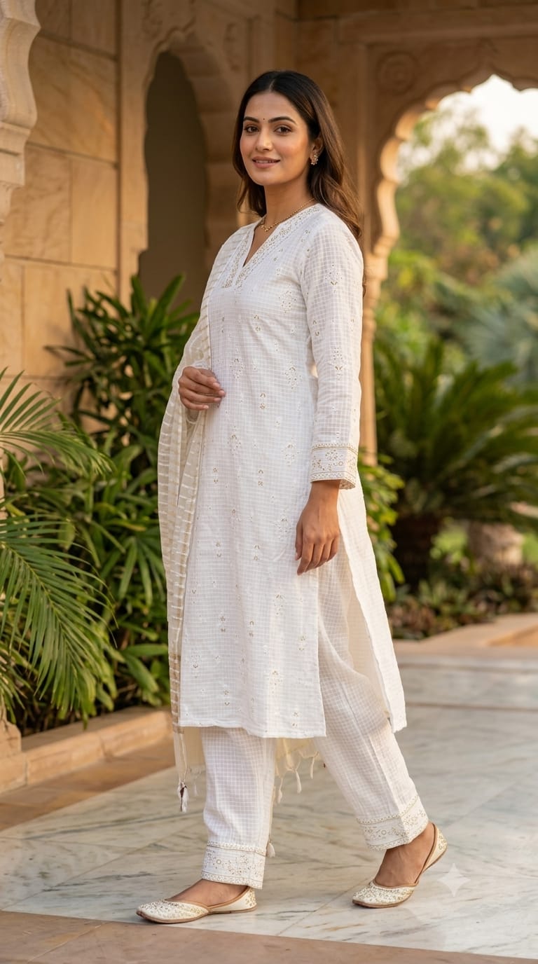 Pure White Tiny Golden Intricate Embroidery Cotton Full Suit Set With Dupatta